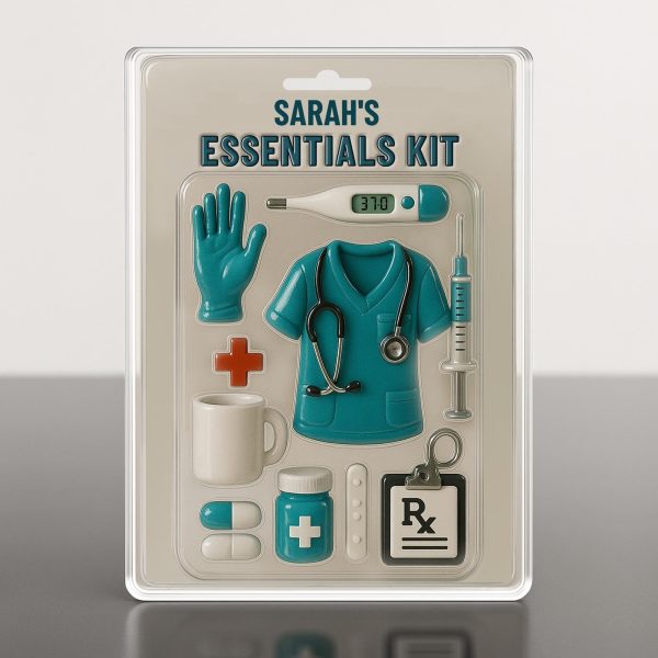 Sarah's Essentials Kit, Medical Scrubs, Stethoscope, Glove, Coffee Mug - Personalized Custom Acrylic Plaque - NUR001_RECA
