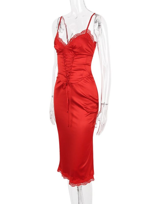 Satin Lace Trim Corset Midi Dress Satin Lace Trim Corset Midi Dress