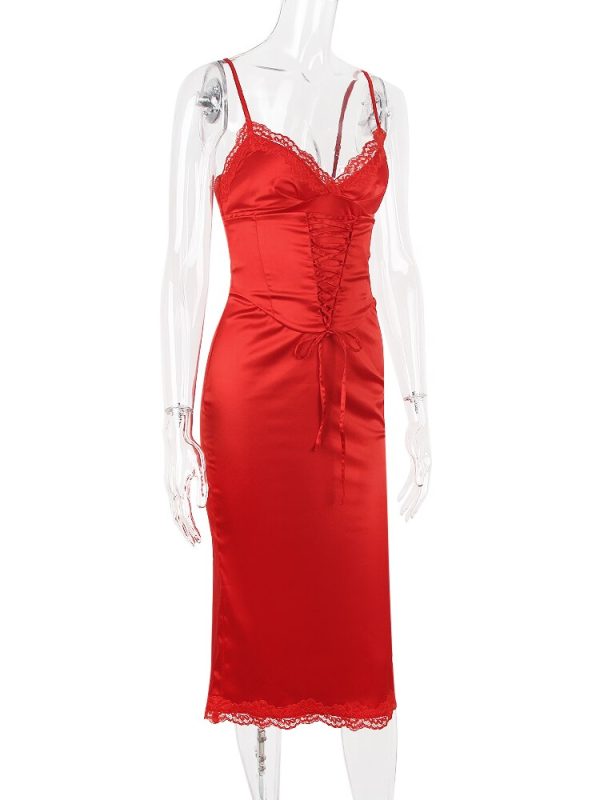 Satin Lace Trim Corset Midi Dress Satin Lace Trim Corset Midi Dress