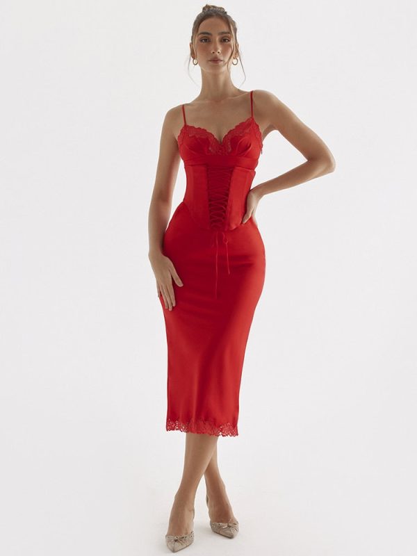 Satin Lace Trim Corset Midi Dress Satin Lace Trim Corset Midi Dress