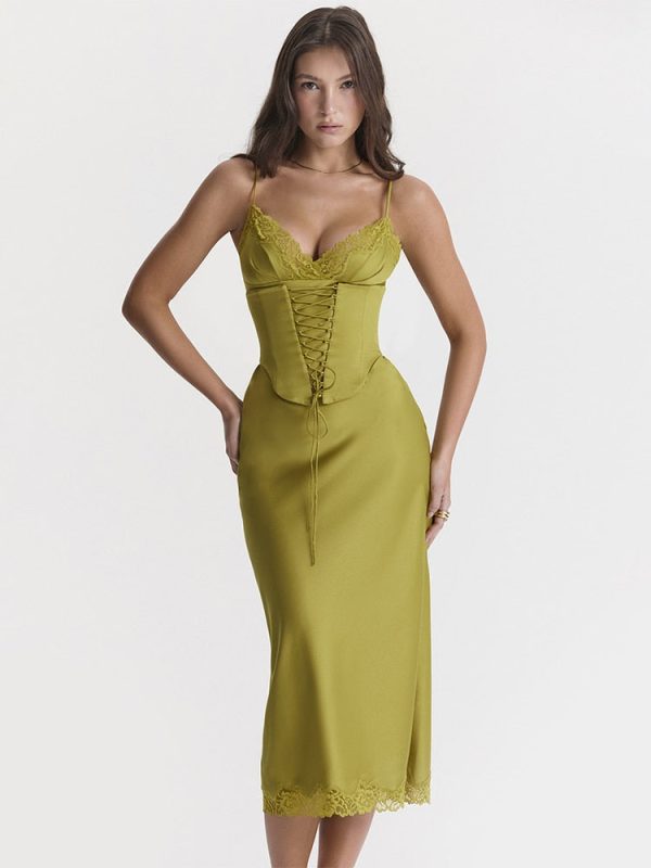 Satin Lace Trim Corset Midi Dress Satin Lace Trim Corset Midi Dress