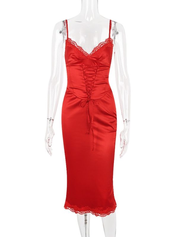 Satin Lace Trim Corset Midi Dress Satin Lace Trim Corset Midi Dress