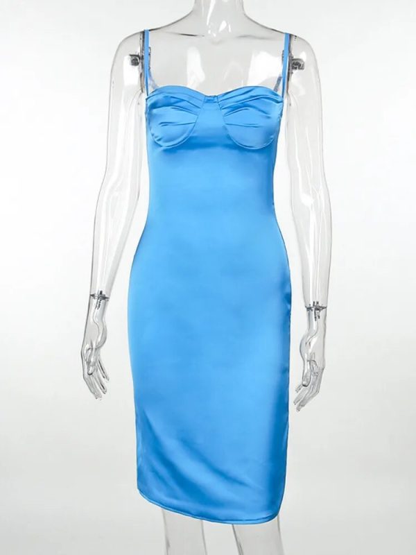 Satin Spaghetti Strap Sleeveless Backless Midi Dresses