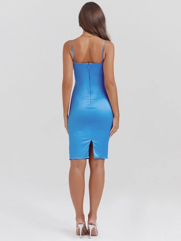 Satin Spaghetti Strap Sleeveless Backless Midi Dresses