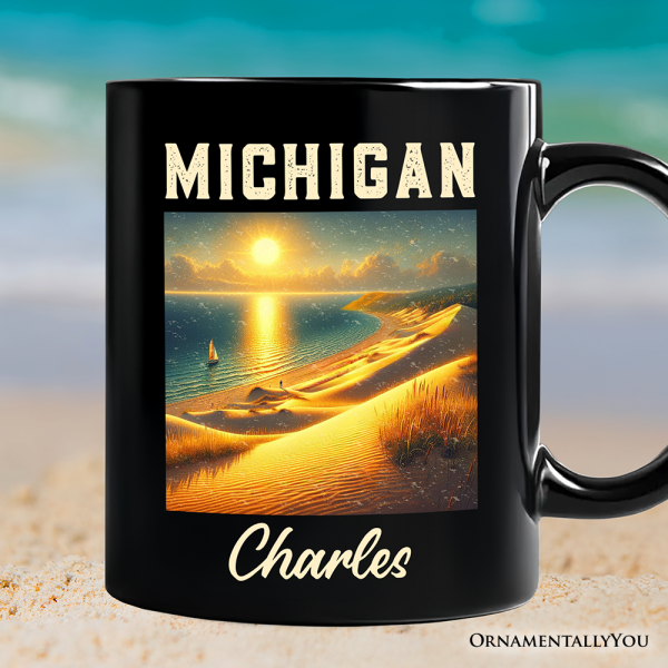 Scenic Michigan State Sleeping Bear Dunes Personalized Mug, Great Lakes Sunset Gift and Coastal Souvenir with Custom Name Scenic Michigan State Sleeping Bear Dunes Personalized Mug, Great Lakes Sunset Gift and Coastal Souvenir with Custom Name