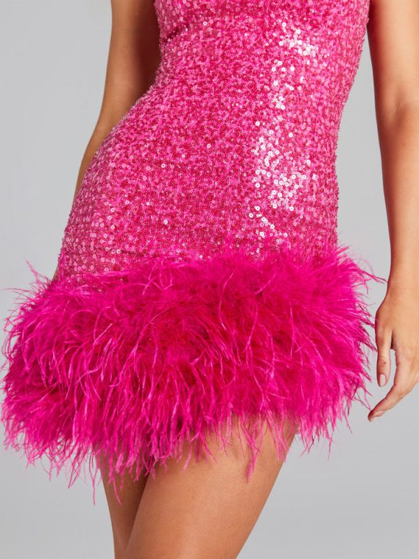 Sequin Feather Trim Sleeveless Square Neck Mini Dress