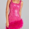 Sequin Feather Trim Sleeveless Square Neck Mini Dress