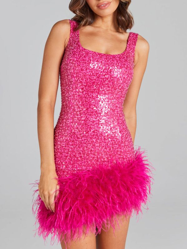 Sequin Feather Trim Sleeveless Square Neck Mini Dress
