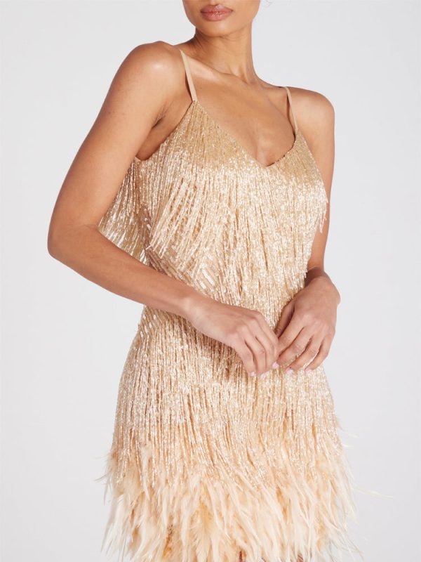 Sequin V Neck Feather Trim Mini Dress