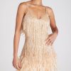 Sequin V Neck Feather Trim Mini Dress