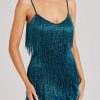 Sequin V Neck Feather Trim Mini Dress