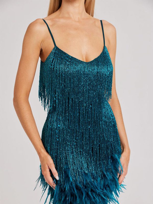 Sequin V Neck Feather Trim Mini Dress