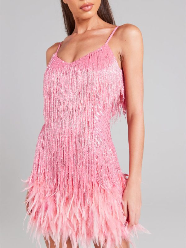 Sequin V Neck Feather Trim Mini Dress