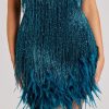Sequin V Neck Feather Trim Mini Dress
