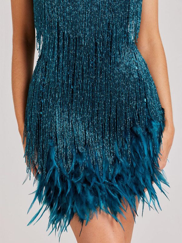 Sequin V Neck Feather Trim Mini Dress
