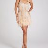 Sequin V Neck Feather Trim Mini Dress