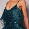 Sequin V Neck Feather Trim Mini Dress
