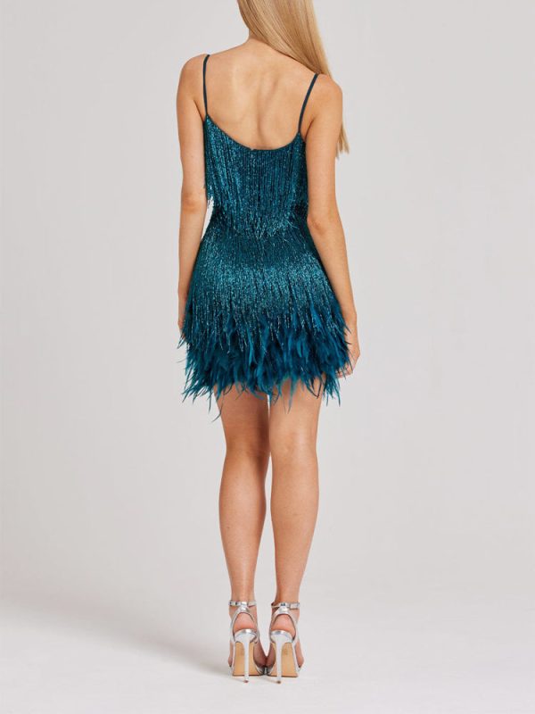 Sequin V Neck Feather Trim Mini Dress
