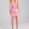 Sequin V Neck Feather Trim Mini Dress
