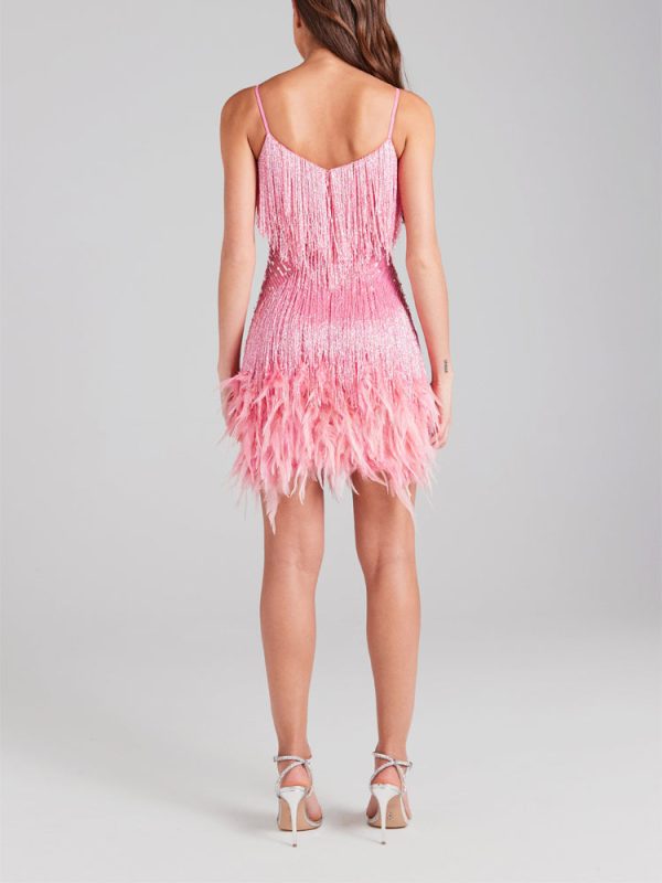 Sequin V Neck Feather Trim Mini Dress