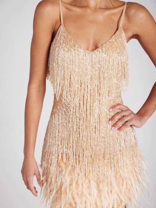 Sequin V Neck Feather Trim Mini Dress