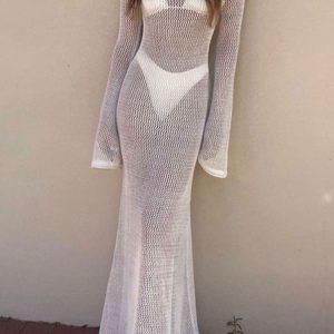 Sexy Boat Neck Bell Sleeve Crochet Knit Beach Vacation Maxi Dress - White