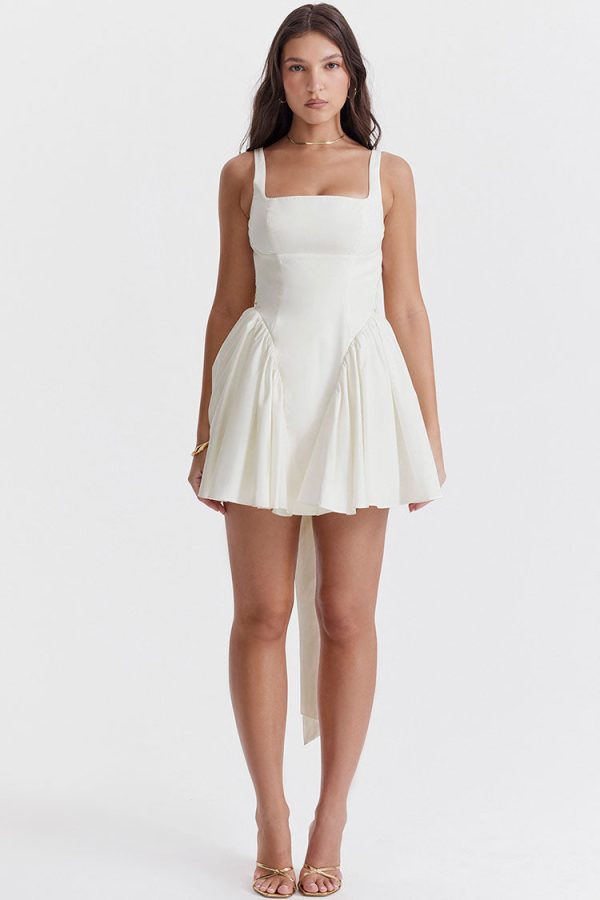 Sexy Bow Tie Backless Ruched Fit & Flare Summer Mini Sundress - White Sexy Bow Tie Backless Ruched Fit & Flare Summer Mini Sundress - White