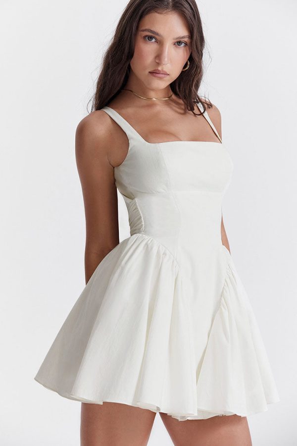 Sexy Bow Tie Backless Ruched Fit & Flare Summer Mini Sundress - White Sexy Bow Tie Backless Ruched Fit & Flare Summer Mini Sundress - White