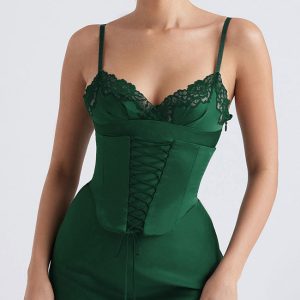 Sexy Club Lace Up Belt V Neck Lace Satin Slip Mini Dress - Emerald Green