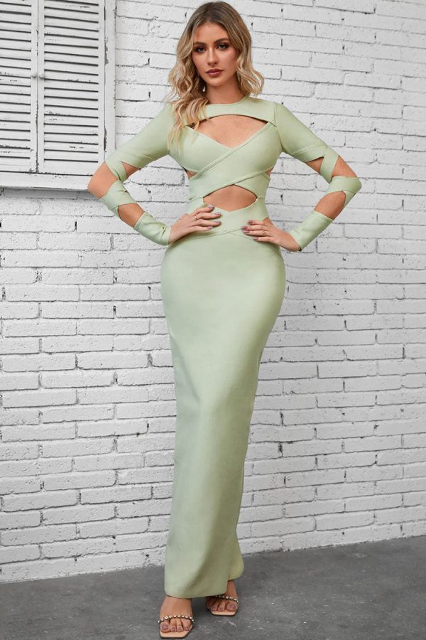 Sexy Crew Neck Long Sleeve Bandage Cutout Evening Maxi Dress - Light Green Sexy Crew Neck Long Sleeve Bandage Cutout Evening Maxi Dress - Light Green