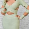 Sexy Crew Neck Long Sleeve Bandage Cutout Evening Maxi Dress - Light Green Sexy Crew Neck Long Sleeve Bandage Cutout Evening Maxi Dress - Light Green