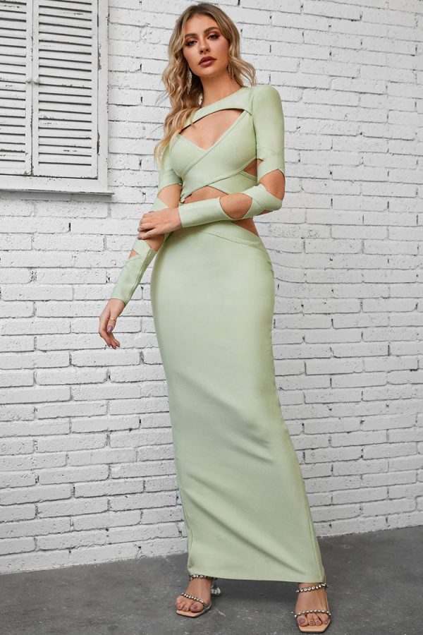 Sexy Crew Neck Long Sleeve Bandage Cutout Evening Maxi Dress - Light Green Sexy Crew Neck Long Sleeve Bandage Cutout Evening Maxi Dress - Light Green