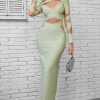 Sexy Crew Neck Long Sleeve Bandage Cutout Evening Maxi Dress - Light Green Sexy Crew Neck Long Sleeve Bandage Cutout Evening Maxi Dress - Light Green