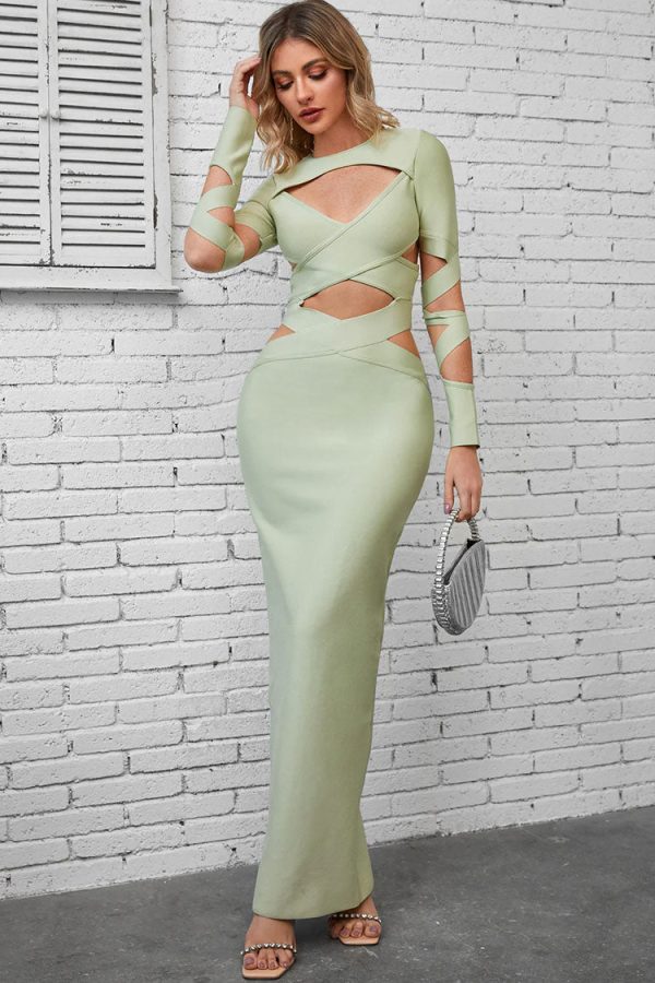 Sexy Crew Neck Long Sleeve Bandage Cutout Evening Maxi Dress - Light Green Sexy Crew Neck Long Sleeve Bandage Cutout Evening Maxi Dress - Light Green