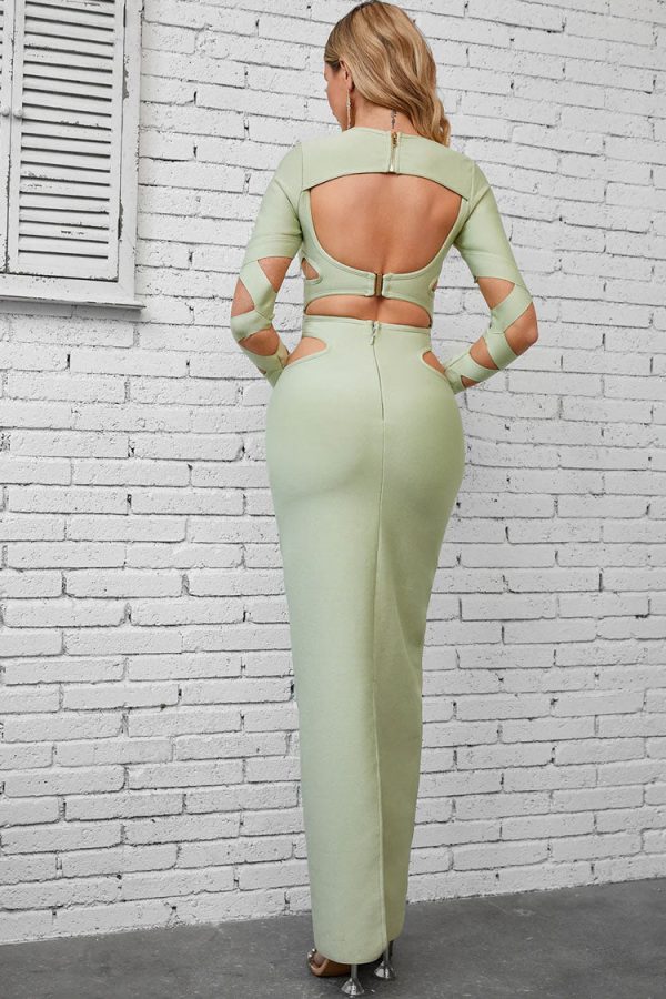 Sexy Crew Neck Long Sleeve Bandage Cutout Evening Maxi Dress - Light Green Sexy Crew Neck Long Sleeve Bandage Cutout Evening Maxi Dress - Light Green