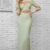 Sexy Crew Neck Long Sleeve Bandage Cutout Evening Maxi Dress - Light Green Sexy Crew Neck Long Sleeve Bandage Cutout Evening Maxi Dress - Light Green