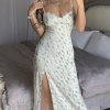 Sexy Eyelash Sweetheart Spaghetti Strap High Split Summer Floral Midi Sundress - Green