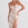 Sexy Eyelash Sweetheart Spaghetti Strap High Split Summer Floral Midi Sundress - Red