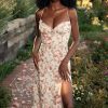 Sexy Eyelash Sweetheart Spaghetti Strap High Split Summer Floral Midi Sundress - Red