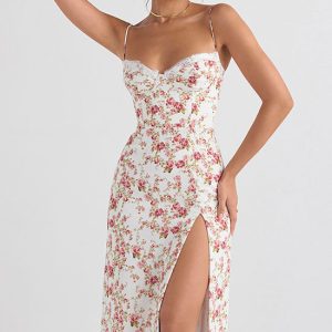 Sexy Eyelash Sweetheart Spaghetti Strap High Split Summer Floral Midi Sundress - Red