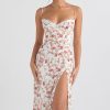 Sexy Eyelash Sweetheart Spaghetti Strap High Split Summer Floral Midi Sundress - Red
