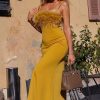 Sexy Feather Trim Square Neck Spaghetti Strap Fishtail Cocktail Midi Dress - Yellow Sexy Feather Trim Square Neck Spaghetti Strap Fishtail Cocktail Midi Dress - Yellow