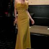 Sexy Feather Trim Square Neck Spaghetti Strap Fishtail Cocktail Midi Dress - Yellow Sexy Feather Trim Square Neck Spaghetti Strap Fishtail Cocktail Midi Dress - Yellow