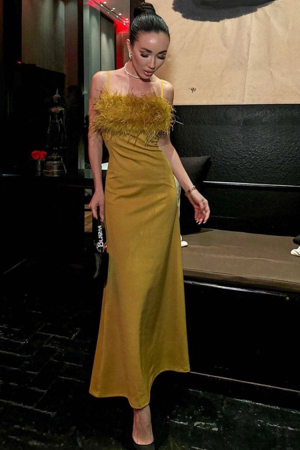 Sexy Feather Trim Square Neck Spaghetti Strap Fishtail Cocktail Midi Dress - Yellow Sexy Feather Trim Square Neck Spaghetti Strap Fishtail Cocktail Midi Dress - Yellow