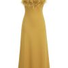 Sexy Feather Trim Square Neck Spaghetti Strap Fishtail Cocktail Midi Dress - Yellow Sexy Feather Trim Square Neck Spaghetti Strap Fishtail Cocktail Midi Dress - Yellow