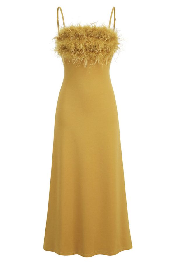 Sexy Feather Trim Square Neck Spaghetti Strap Fishtail Cocktail Midi Dress - Yellow Sexy Feather Trim Square Neck Spaghetti Strap Fishtail Cocktail Midi Dress - Yellow