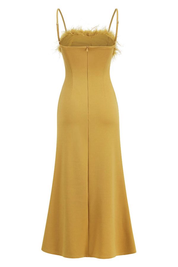 Sexy Feather Trim Square Neck Spaghetti Strap Fishtail Cocktail Midi Dress - Yellow Sexy Feather Trim Square Neck Spaghetti Strap Fishtail Cocktail Midi Dress - Yellow