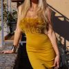 Sexy Feather Trim Square Neck Spaghetti Strap Fishtail Cocktail Midi Dress - Yellow Sexy Feather Trim Square Neck Spaghetti Strap Fishtail Cocktail Midi Dress - Yellow