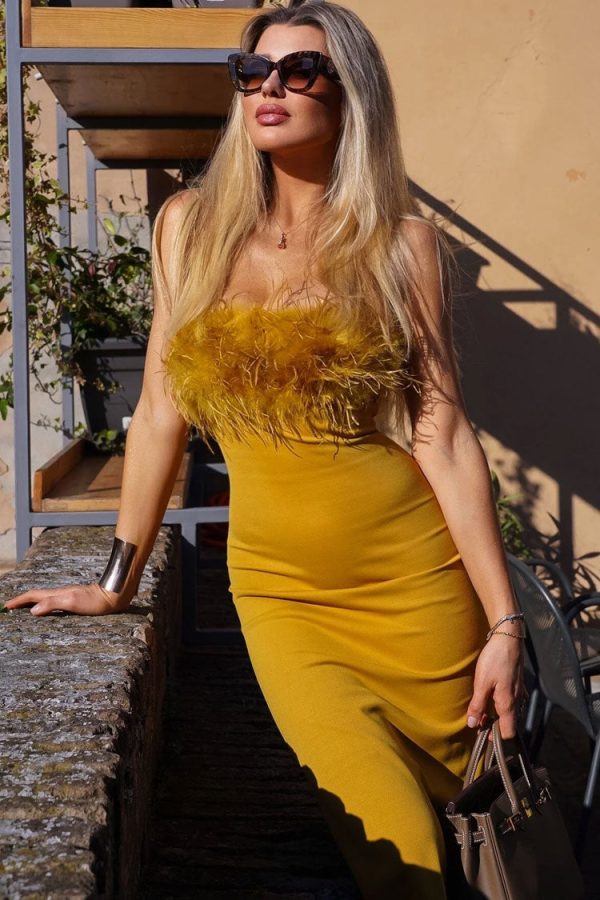 Sexy Feather Trim Square Neck Spaghetti Strap Fishtail Cocktail Midi Dress - Yellow Sexy Feather Trim Square Neck Spaghetti Strap Fishtail Cocktail Midi Dress - Yellow