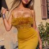 Sexy Feather Trim Square Neck Spaghetti Strap Fishtail Cocktail Midi Dress - Yellow Sexy Feather Trim Square Neck Spaghetti Strap Fishtail Cocktail Midi Dress - Yellow